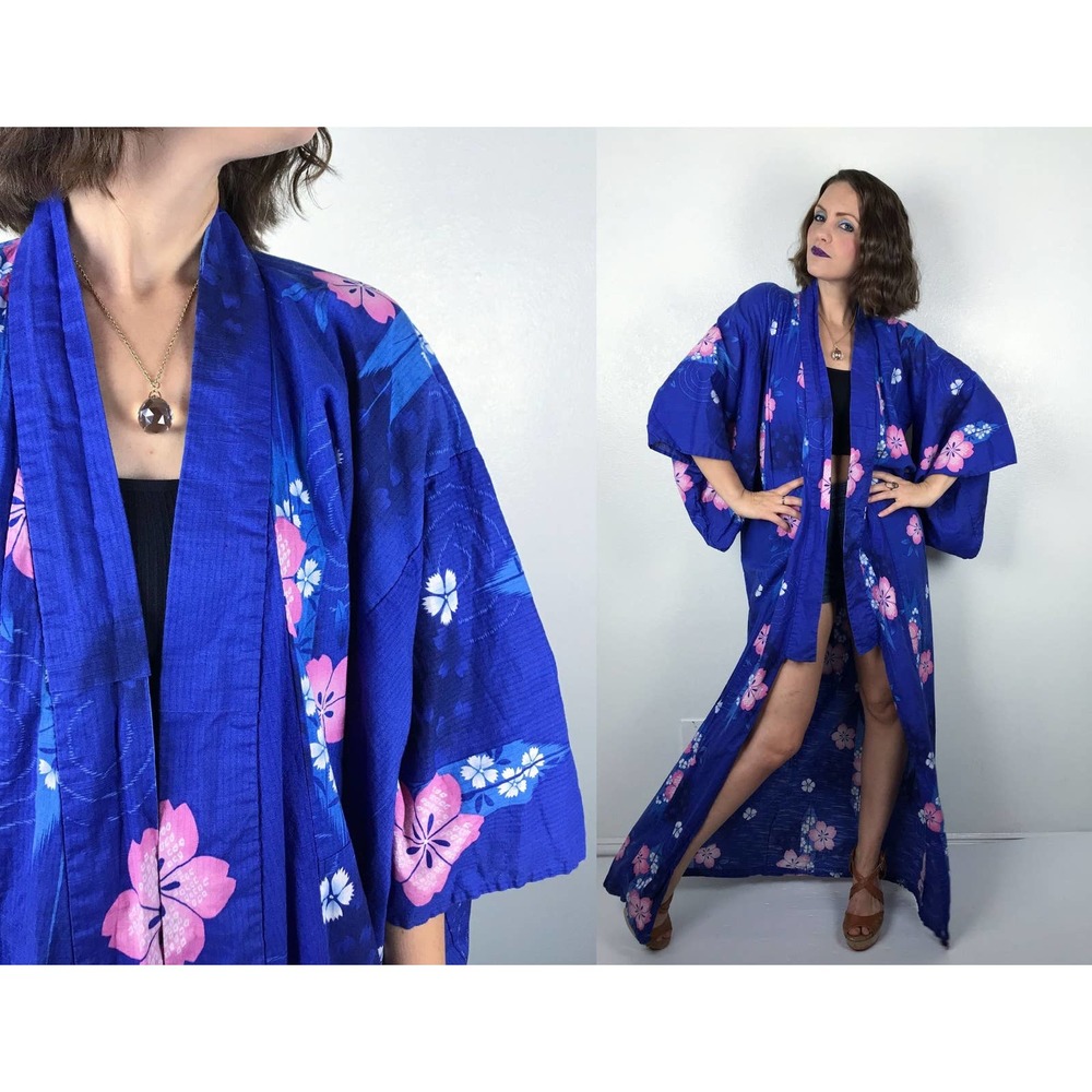 vintage 80s Royal Blue CHERRY BLOSSOM Japanese KIMONO os wide sleeve floral boho